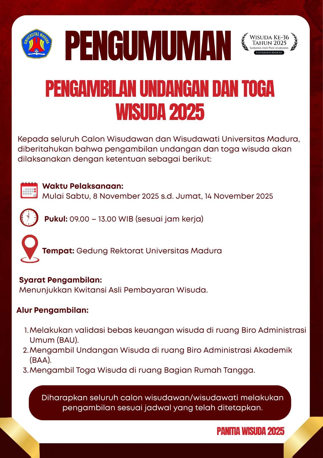 Pengumuman Pengambilan Undangan dan Toga Wisuda Ke-36 Tahun 2025
